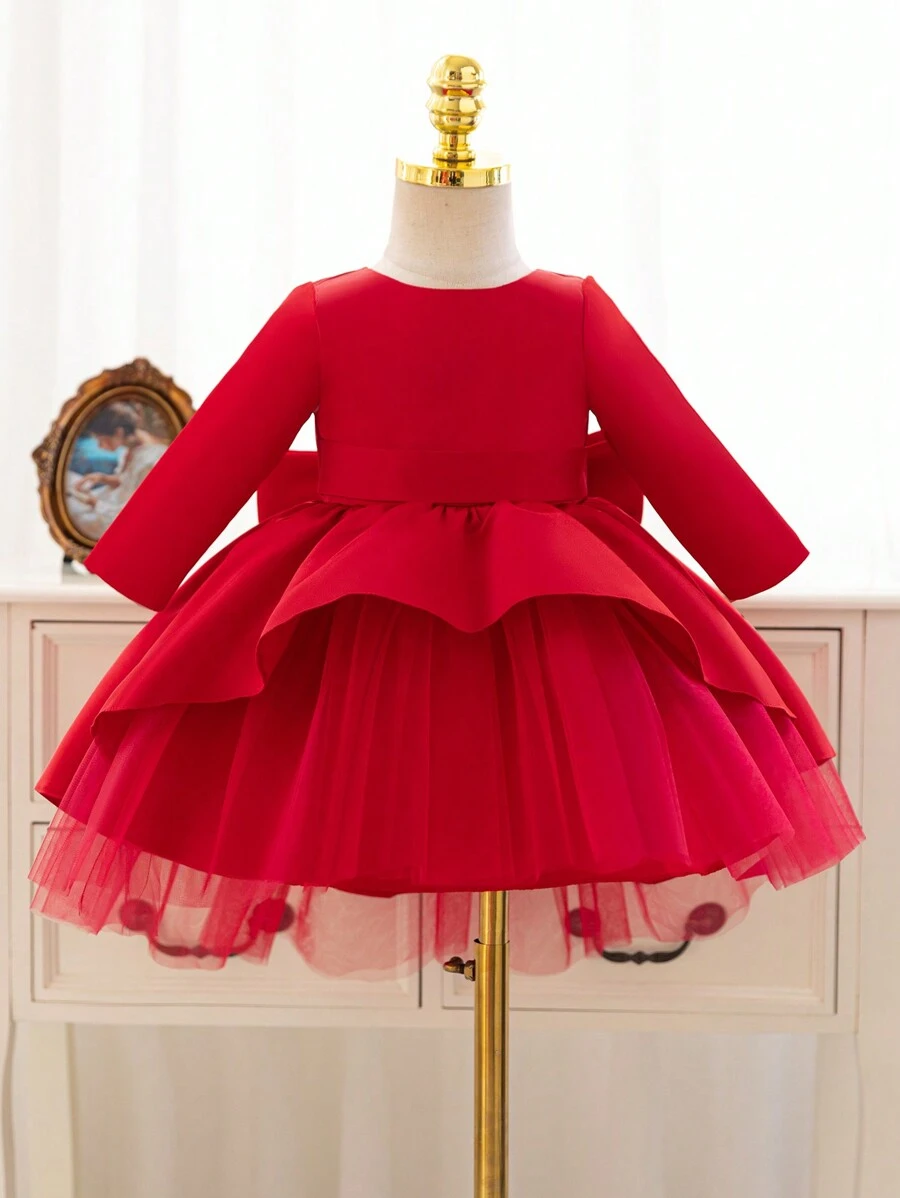 SHEIN Glamorique Kids Christmas Princess Girls Dress, Formal Gown For Party, Autumn/Winter, Long Sleeve Satin Dress With Bow Mesh Tutu Skirt, For Toddler/Baby Girl - Burgundy - View 1