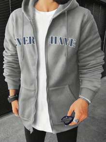 Manfinity Hypemode Áo nỉ có mũ trùm đầu in chữ thường ngày cho nam, mùa thu/đông - Màu Xám nhạt - Xem 1