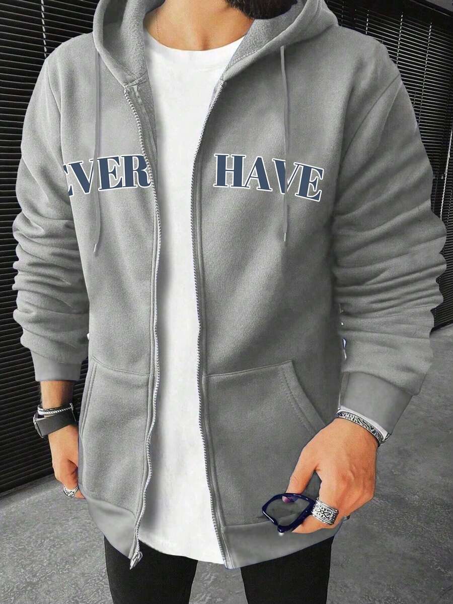 Manfinity Hypemode Áo nỉ có mũ trùm đầu in chữ thường ngày cho nam, mùa thu/đông - Màu Xám nhạt - Xem 1