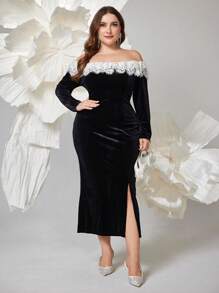 Modelyn 大码女式撞色蕾丝露肩长袖荷叶边下摆开衩优雅连衣裙，优雅修身连衣裙，适合晚会/婚礼嘉宾/周年纪念长款女装 - 黑色 - 查看 5