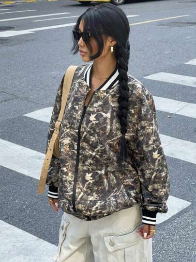 Muchica 1pc Women's New Casual Sports Style Full Print Contrast Striped Trim Baseball Jacket, Autumn , Bomber Jacket