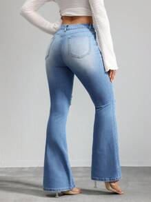 SHEIN Tall 女式牛仔裤紧身弹力破洞喇叭裤蓝色高腰紧身喇叭裤牛仔裤女式紧身裤牛仔布喇叭裤紧身裤喇叭裤高腰女裤，秋季女装 - 中等水洗藍 - 查看 3