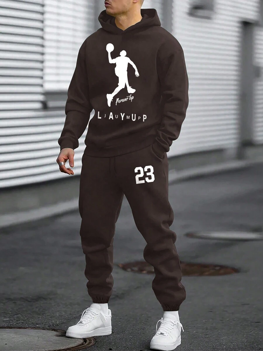 EURMUSE Men Basketball Printed Regular Hoodie Set - Brown - View 1