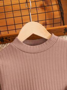 SHEIN Tween Girl 3 件套服装：罗纹立领长袖修身 T 恤、PU 褶裙、蓬松蝴蝶结装饰开衫，适合户外穿着