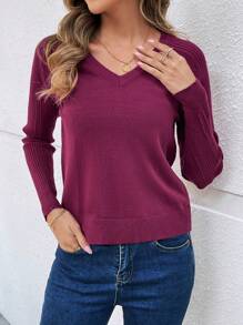 EMERY ROSE Ladies' Purple V-Neck Long Sleeve Twisted Yarn Sweater Thanksgiving Sweater - Purple - View 1