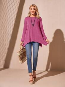 EMERY ROSE 女士圆领长袖简约 T 恤，休闲日常穿着 - 玫紅色 - 查看 1