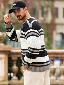 Manfinity CityGents Jersey de punto holgado con cuello redondo y bloques de color para hombre, para otoño/invierno