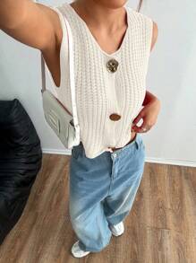 Flirla Fashionable Round Neck Button Decor Minimalist Sleeveless Knit Top