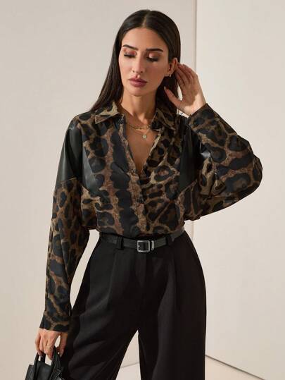 EURMUSE PU Designed Shoulder Detailed, Allover Leopard Printed Batwing Sleeve Women's Stylish Blouse