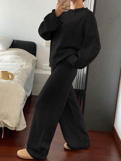 DAZY 2pcs Women Casual Minimalist Solid Color Drop Shoulder Loose Pullover Sweater And Wide Leg Pants Set Fall,Winter