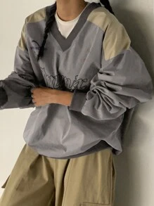 DAZY 女士撞色字母印花宽松套头衫，春夏秋季长袖女装上衣图案T恤 - 灰色 - 查看 5