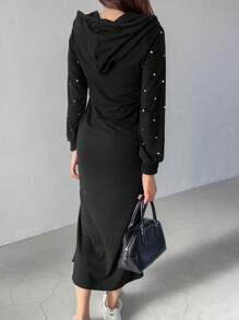 FRIFUL 1件装 女士前拉链长袖简约中长款休闲连衣裙，秋季连帽连衣裙 - 黑色 - 查看 5