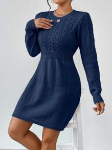 Chiquease 1pc Women Solid Color Round Neck Long Sleeve Simple Casual Short Knit Sweater Dress - Royal Blue - View 1