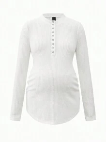 SHEIN 2 件套纯色孕妇纽扣半襟长袖休闲运动 T 恤 - 紅白色 - 查看 5