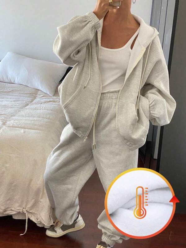 DAZY 2pcs Women's Loose Solid Color Drop Shoulder Long Sleeve Hoodie And Sweatpants Casual Set, Autumn/Winter, Thermal Lined Tracksuits Women Set Lounge Sets For Women