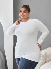 SHEIN CURVE+ Conjunto de 3 Peças Camiseta Casual de Manga Longa com Gola Redonda Ajustada para Mulheres Tamanhos Grandes, Adequado para Primavera, Outono e Inverno