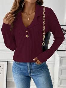 SHEIN LUNE Áo len nữ dài tay, màu trơn, cài cúc phía trước, kiểu dáng tối giản, thích hợp mặc mùa thu đông. - Màu Đỏ Sâu - Xem 4
