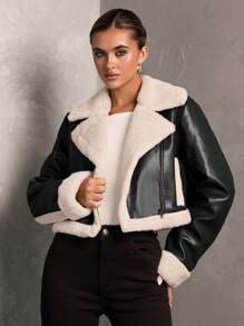 SHEIN BAE Áo khoác dài tay chắp vá mềm mại cho nữ, trang phục thường ngày mùa đông, quần áo mùa đông cho nữ, áo khoác mùa đông cho nữ, trang phục mùa thu cho nữ, áo khoác da cho nữ, áo khoác lông cừu lót da màu nâu, áo khoác lông liền thân, dày, ấm, thân thiện với da và mềm mại, phù hợp cho mùa thu và đông - màu đen - Xem 7