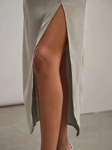 COSMINA 女士条纹高腰侧开衩下摆半身裙，优雅 - 杏色 - 查看 4