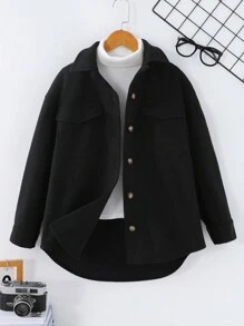 SHEIN Tween Girls' Loose Casual Versatile Comfortable Long Sleeve Pocket Front Button Streetwear Jacket - Black - View 1