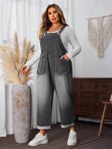 SHEIN LUNE 大码休闲宽松带口袋牛仔背带裤 - 淺灰色 - 查看 3