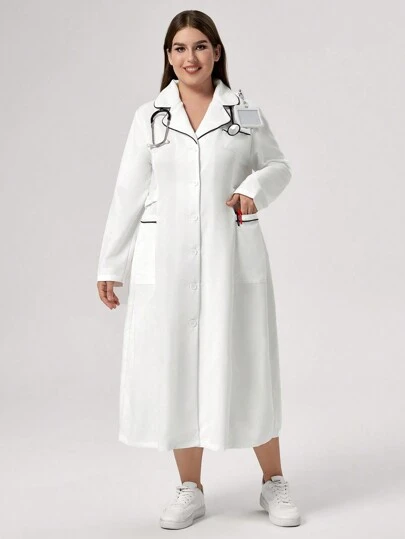 TaskEZ Plus Size Contrast Trim Front Button Long Sleeve Pocket Minimalist Nurse Dress
