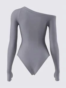 SHEIN BASICS Solid Color Knitted Fitted Long Sleeve Asymmetrical Neck Bodysuit For Women, Cozy Chic, Daily Commute