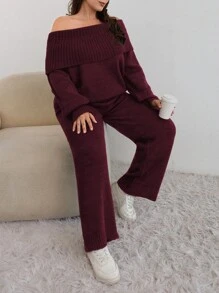 EURMUSE PLUS SIZE OFF SHOULDER SWEATER CO-ORDS - Burgundy - View 3
