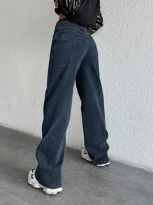 SHEIN Cottnline High Waist Straight Leg Jeans - Navy Blue - View 2