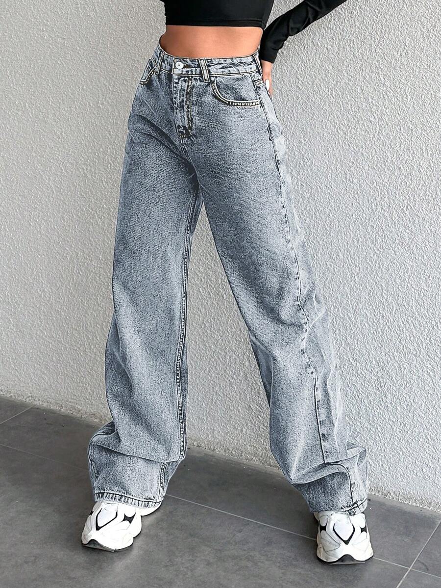 EURMUSE Solid Washed Straight Leg Jeans - Light Wash - View 1