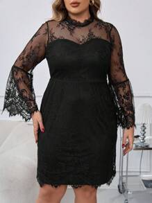 SHEIN Clasi Plus Size Black Lace Flared Sleeve Fitted Mini Dress, Elegant & Sophisticated, Women Autumn Dresses - Black - View 1
