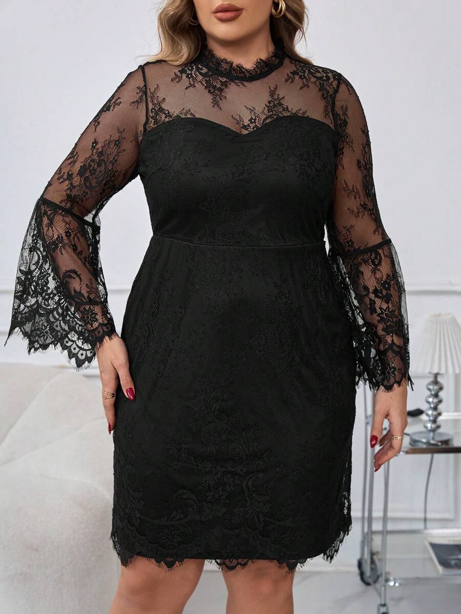 SHEIN Clasi Plus Size Black Lace Flared Sleeve Fitted Mini Dress, Elegant & Sophisticated, Women Autumn Dresses - Black - View 1