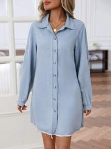 SHEIN LUNE Casual Washed Front Button Denim Dress, Autumn - Light Wash - View 3