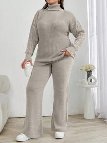 EURMUSE Plus Size Turtleneck Drop Shoulder Sleeve Sweater And Pants Set, For Winter - Mocha Brown - View 6