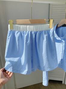 Comfortcana 藍色編織女士單排扣長袖上衣和短褲休閒套裝 - 藍色 - 查看 3