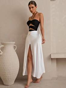 Swim Oasis Luxurious High-End Color Block Splice Halter One-Piece Swimsuit With Skirt Summer