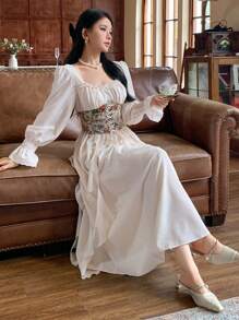 DAZY 女士秋季长袖宫廷风中长连衣裙，新年舞会礼服，荷叶边奢华优雅女装 - 米色 - 查看 10