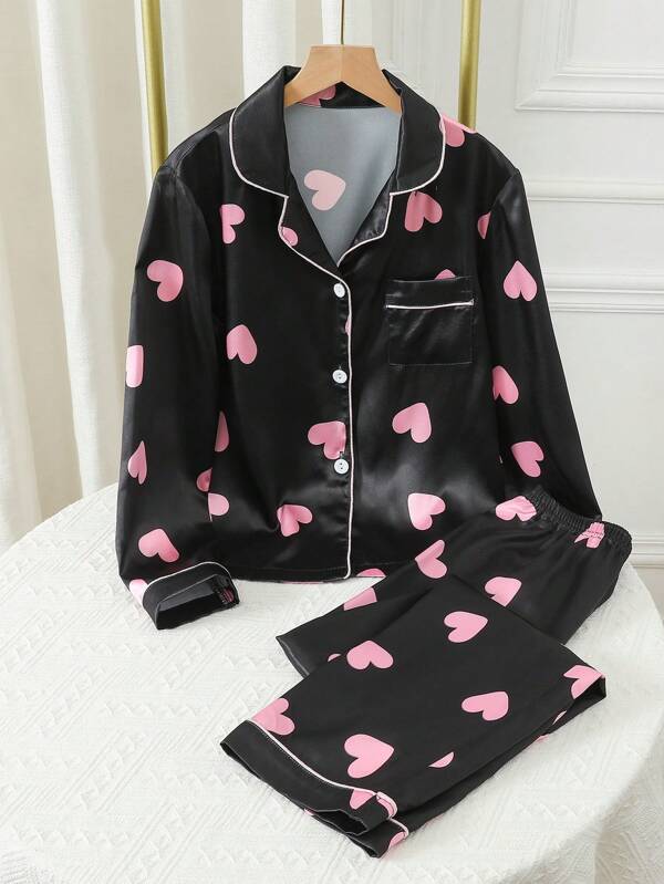 Girls Taffeta Fabric Heart Print Trim Cardigan & Pants 2pcs Pajama Set For Teenagers