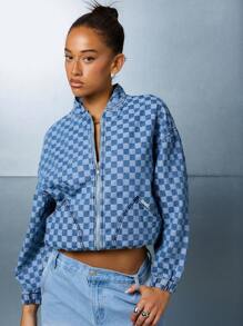 SUMWON WOMEN Classic Checker Print Trucker Denim Jacket Fall Winter Streetwear Statement Fashion Casual Weekend Layering Piece Retro Y2K Aesthetic - Baby Blue - View 3