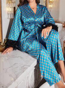 大码几何图案法兰绒睡衣套装