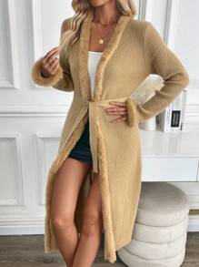 SHEIN Clasi 独特蓬松领中长款系带开衫，针织超大毛衣夹克，搭配皮革撞色设计，适合女士秋冬 - 卡其色 - 查看 7