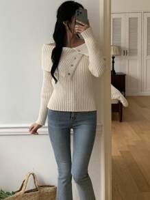 DAZY 1 Stück Damen Design Oversized Kragen asymmetrischer Knopfdekor Pullover, Herbstmode für Frauen - Beige - Übersicht 2