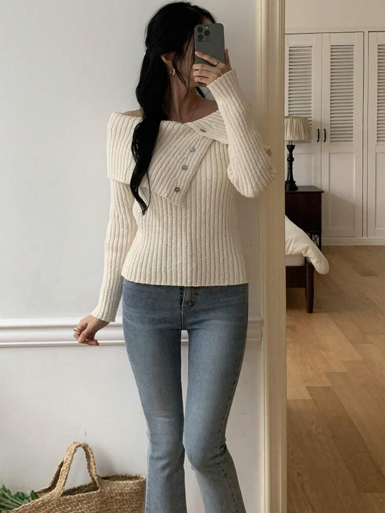 1pc Women's Design Sense Oversized Collar Asymmetrical Button Decor Pullover Sweater,Fall Women Clothes