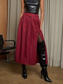 COSMINA Falda casual versátil de unicolor con bajo dividido para mujer - Burdeos - Ver 5