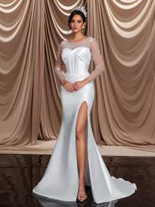 Glamrae Elegantes, luxuriöses beiges Satin-Kleid mit Kontrast-Mesh-Rüschen, Kunstperle und durchsichtigem Langarm mit Raffung, Schlitzdetail und Fischschwanz mit Schleppe, sexy rückenfreies Design, geeignet für Hochzeit, Feiern, Singles-Party, Urlaub, Ball, Brautkleid, weiß - Beige - Übersicht 5
