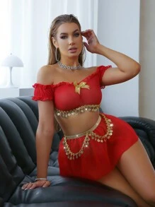 Set de 3 piezas lencería sexy con hombros descubiertos y volantes
