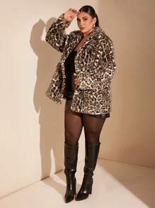 SHEIN BAE Plus Size Women Elegant Gangster Wife Luxurious Leopard Print Lapel Long Sleeve Warm Fluffy Mid-Length Coat For Autumn/Winter