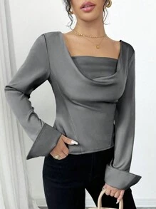 Elenzga Áo cánh tay dài ôm sát, xòe cổ tay thanh lịch, vai trễ - Xám - Xem 6