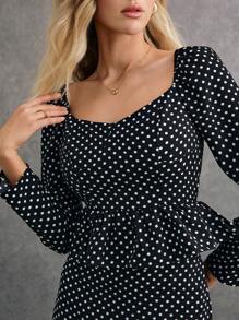 Poéselle Black And White Polka-Dot Two-Piece Set,Women Two Piece Sets,2pcs Women Autumn Elegant Polka Dot Print Ruffle Trim Top And Mini Skirt Set,Polka Dot Dress Set,Vintage Set, Effortless Chic Essential ,Elegant And Stylish, Suitable For Everyday, Street, Commute, Tea Break And Other Occasions To Wear