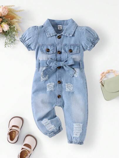 SHEIN Vintaside Kids Baby Girl Puff Sleeve Ripped Belted Denim Jumpsuit